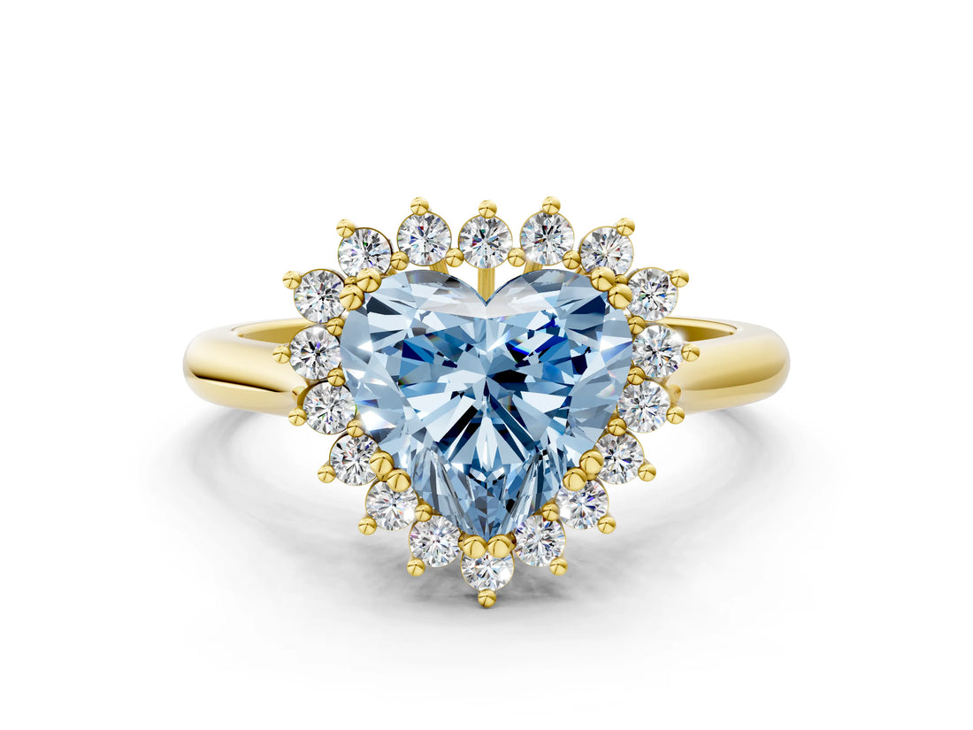 Yellow gold Fancy Blue Heart  Cut Diamond Halo Ring with Solitaire Band and Prong Setting_53