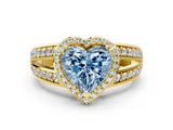 Yellow gold Fancy Blue Heart Cut Diamond Halo Ring with Split Shank Pavé Band and Four-Prong Setting