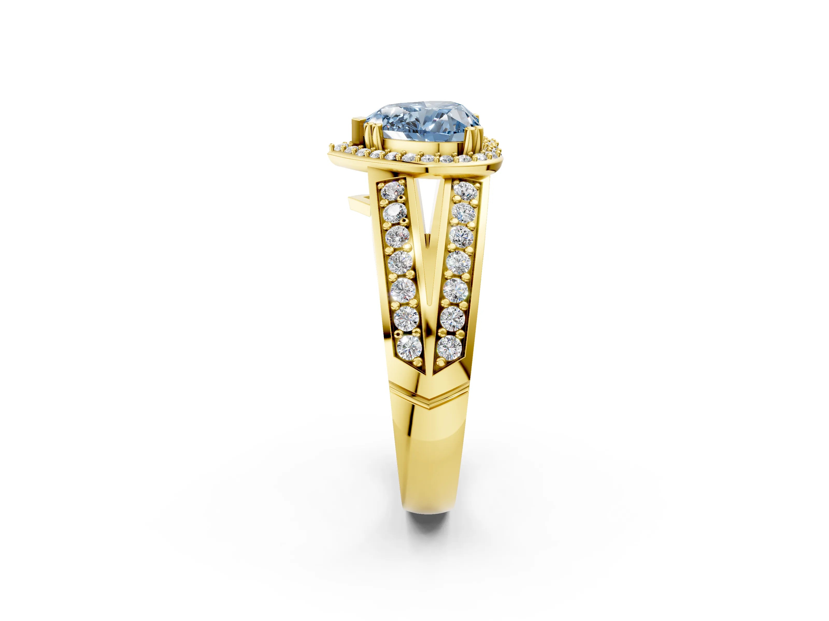 Yellow gold Fancy Blue Heart Cut Diamond Halo Ring with Split Shank Pavé Band and Four-Prong Setting_2