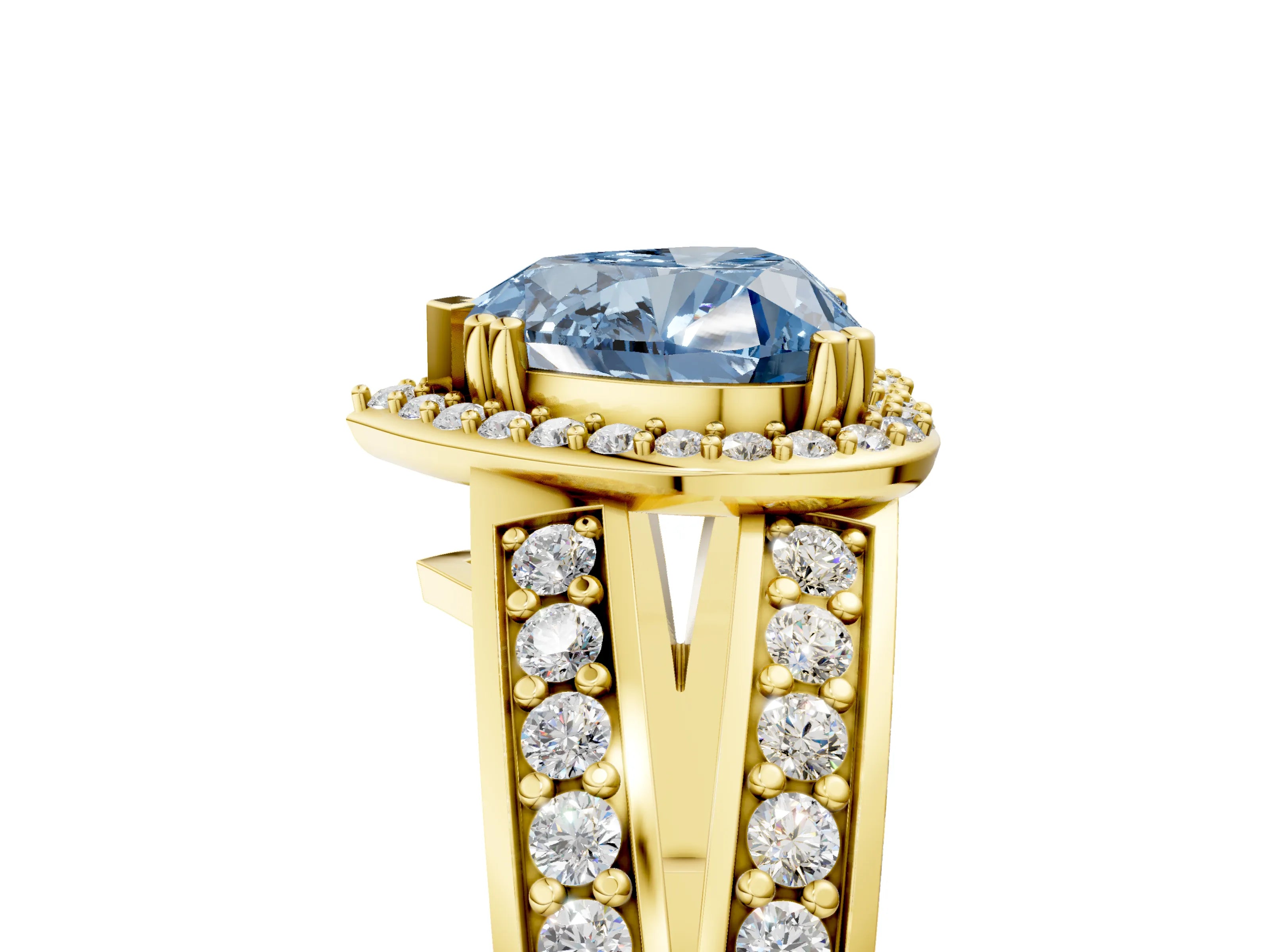 Yellow gold Fancy Blue Heart Cut Diamond Halo Ring with Split Shank Pavé Band and Four-Prong Setting_5