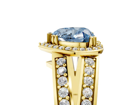 Yellow gold Fancy Blue Heart Cut Diamond Halo Ring with Split Shank Pavé Band and Four-Prong Setting_5