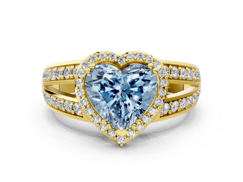 Yellow gold Fancy Blue Heart Cut Diamond Halo Ring with Split Shank Pavé Band and Four-Prong Setting