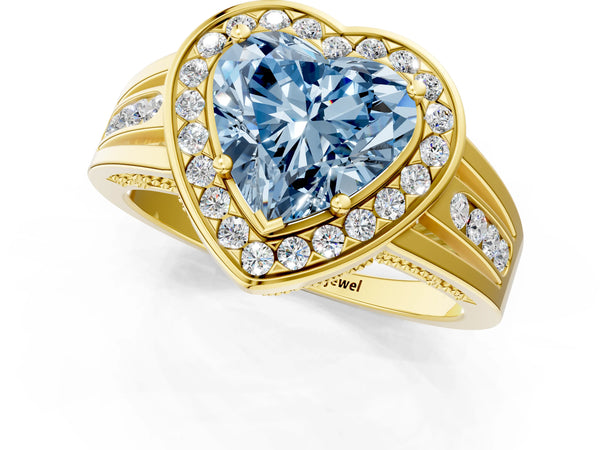 Yellow gold Fancy Blue Heart Cut Diamond Halo Ring with Split Shank and Bezel Accents and Prong Setting