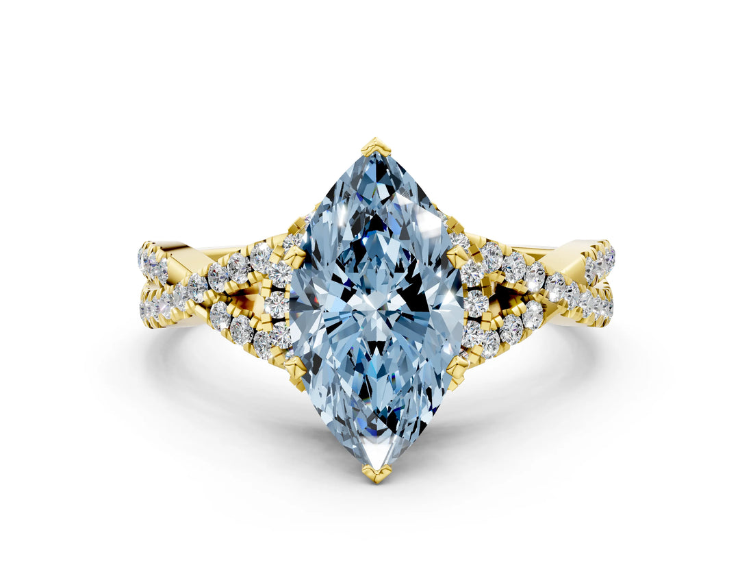 Yellow gold Fancy Blue Heart Cut Diamond  Halo Twist Band Solitaire Prong Setting Ring_42