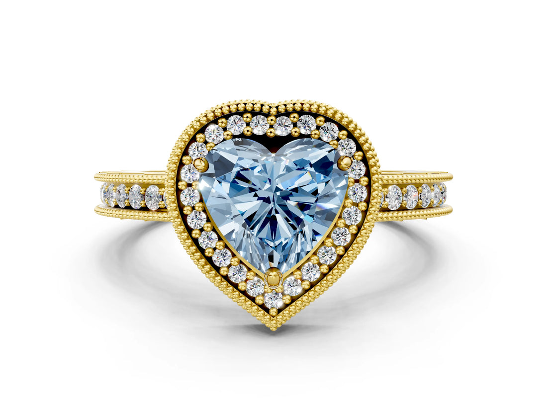 Yellow gold Fancy Blue Heart Cut Diamond Milgrain Halo Engagement Ring with Round Pavé Band and Prong Setting_25