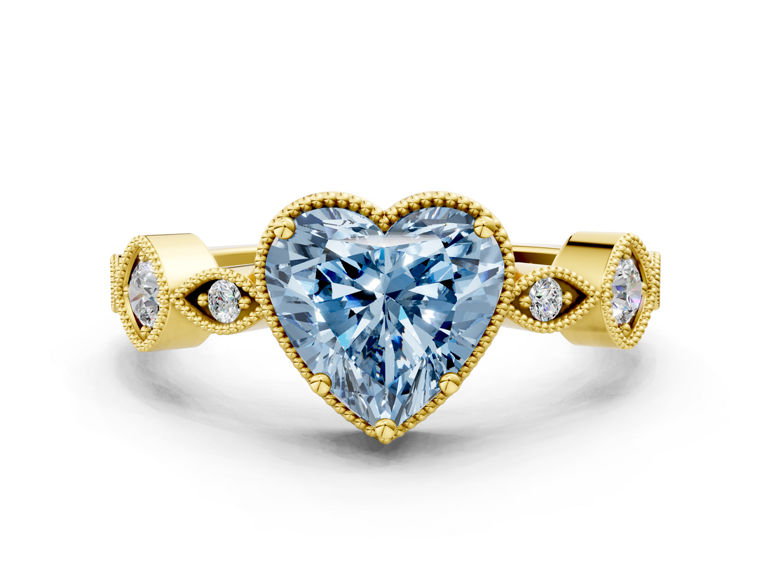 Yellow gold Fancy Blue Heart  Cut Diamond Milgrain Marquise Band with Prong Setting_3