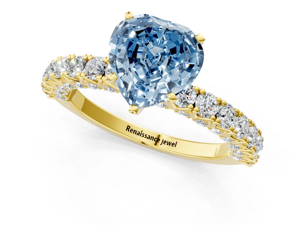 Yellow gold Fancy Blue Heart Cut Diamond Pavé Band Solitaire Ring with Prong Setting