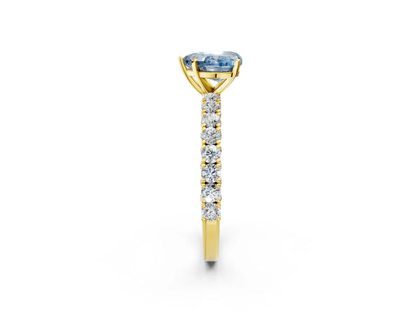 Yellow gold Fancy Blue Heart Cut Diamond Pavé Band Solitaire Ring with Prong Setting