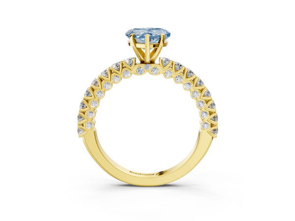 Yellow gold Fancy Blue Heart Cut Diamond Pavé Band Solitaire Ring with Prong Setting