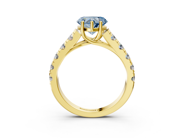 Yellow gold Fancy Blue Heart  Cut Diamond Solitaire Ring with Micro Pave Band and Prong Setting