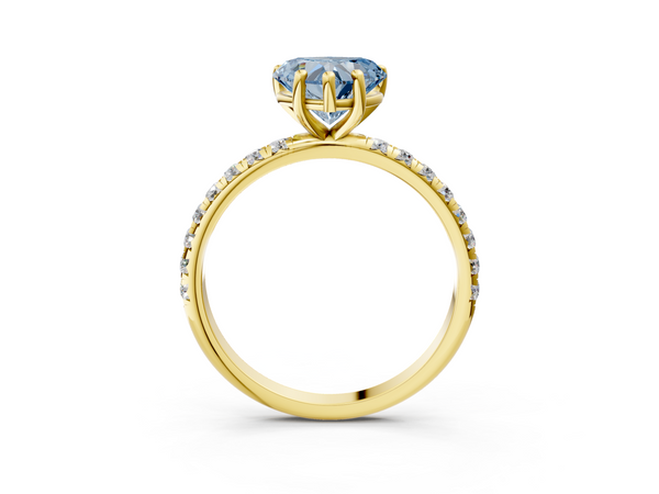 Yellow gold Fancy Blue Heart  Cut Diamond Solitaire Ring with Micro Pave Band and Four Prong Setting
