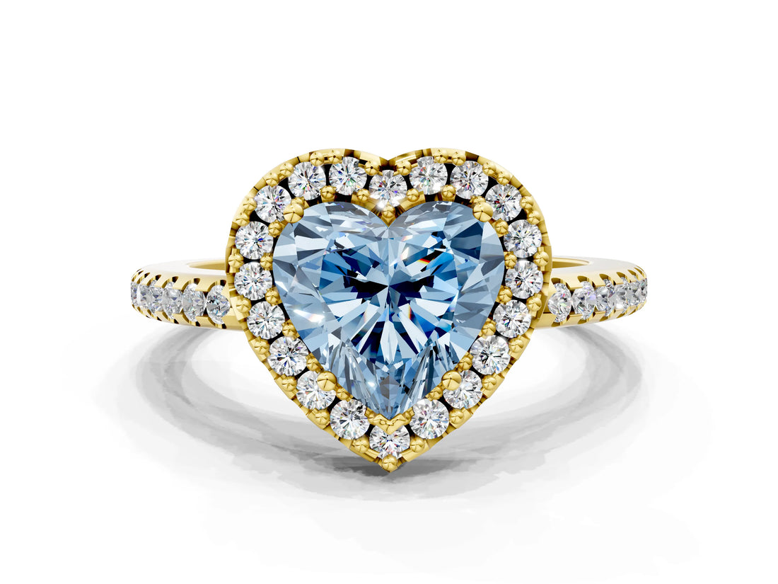 Yellow gold Fancy Blue Heart Cut Diamond Pavé Halo Ring with Four-Prong Setting_36