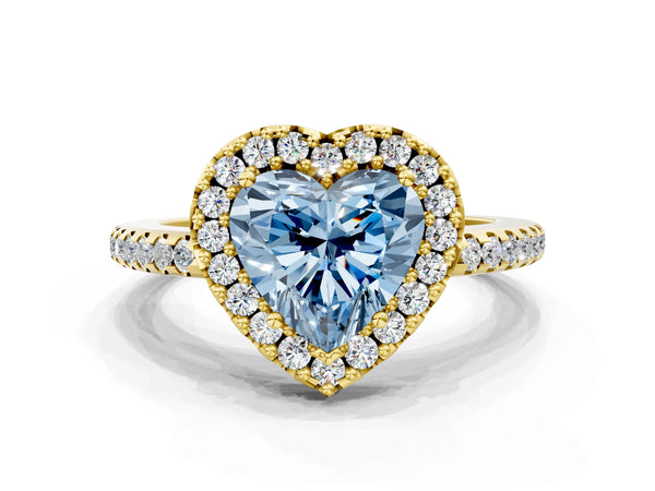 Yellow gold Fancy Blue Heart Cut Diamond Pavé Halo Ring with Four-Prong Setting