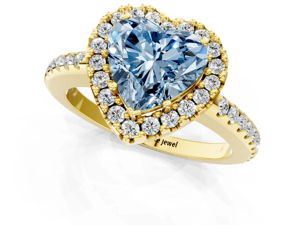 Yellow gold Fancy Blue Heart Cut Diamond Pavé Halo Ring with Four-Prong Setting