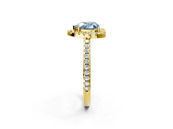 Yellow gold Fancy Blue Heart Cut Diamond Pavé Halo Ring with Four-Prong Setting