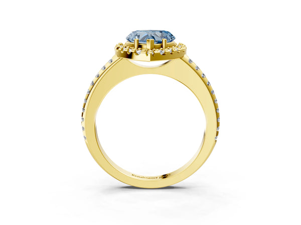 Yellow gold Fancy Blue Heart Cut Diamond Pavé Halo Ring with Four-Prong Setting