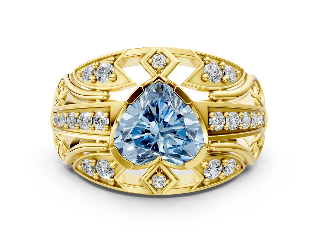 Yellow gold Fancy Blue Heart Cut Diamond Pave Art Deco Split Shank Ring with Four-Prong Setting