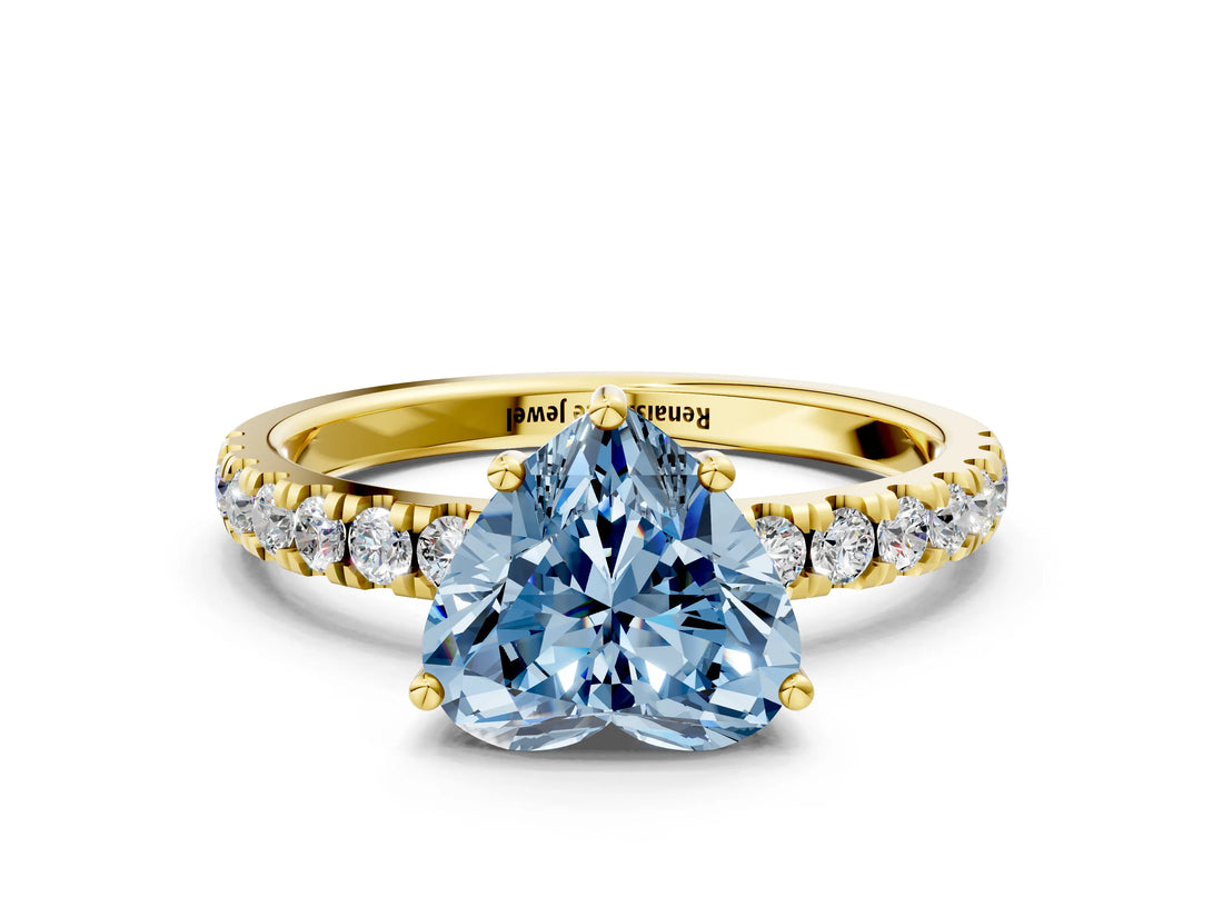Yellow gold Fancy Blue Heart Cut Diamond Pave Band Solitaire Ring with Four-Prong Setting_50