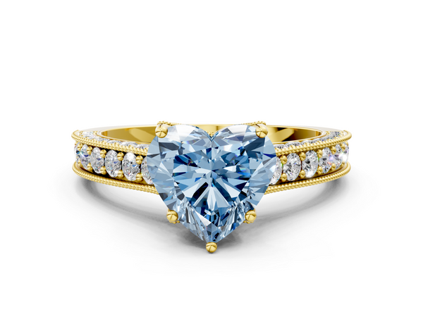Yellow gold Fancy Blue Heart  Cut Diamond Solitaire Ring with Milgrain Pave Band and Four Prong Setting