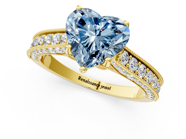 Yellow gold Fancy Blue Heart  Cut Diamond Solitaire Ring with Milgrain Pave Band and Four Prong Setting