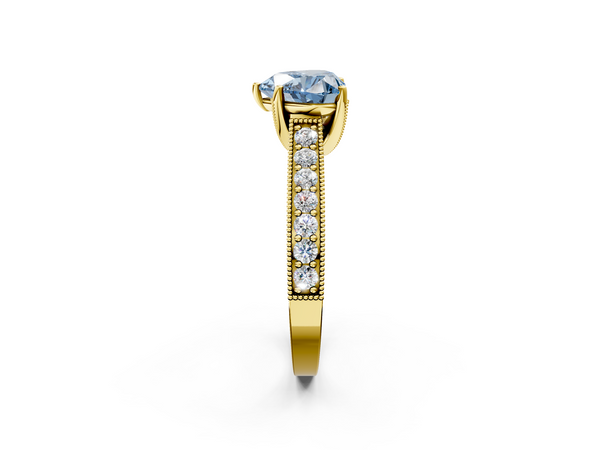Yellow gold Fancy Blue Heart  Cut Diamond Solitaire Ring with Milgrain Pave Band and Four Prong Setting