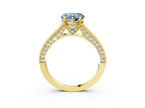Yellow gold Fancy Blue Heart  Cut Diamond Solitaire Ring with Milgrain Pave Band and Four Prong Setting