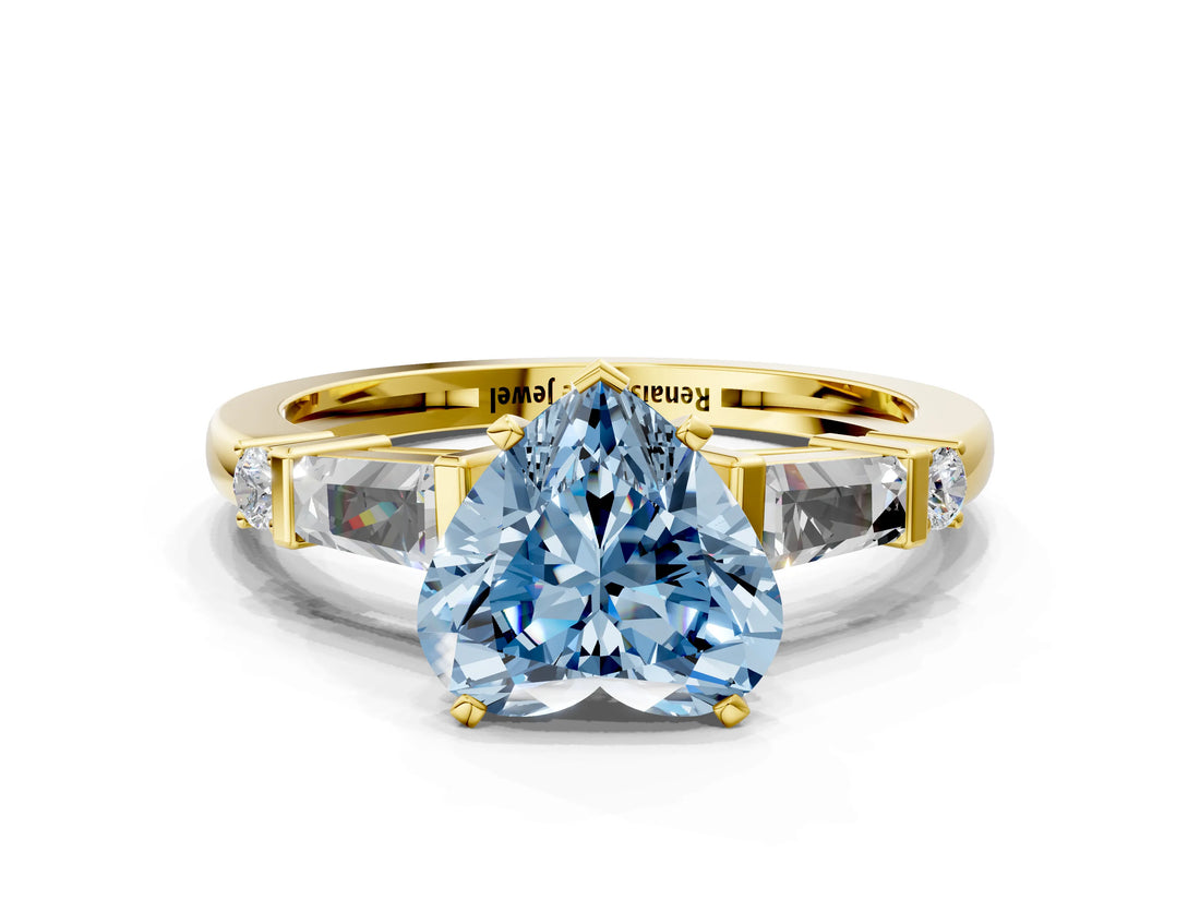 Yellow gold Fancy Blue Heart  Cut Diamond Ring with Baguette Side Stones, Channel Set Band, and Four-Prong Setting_24