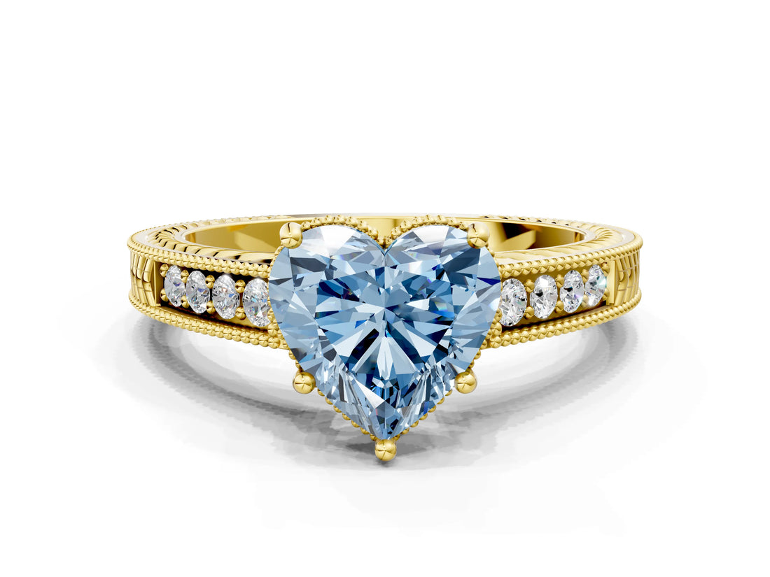 Yellow gold Fancy Blue Heart Cut Diamond Ring with Milgrain Pavé Band and Four-Prong Setting_20