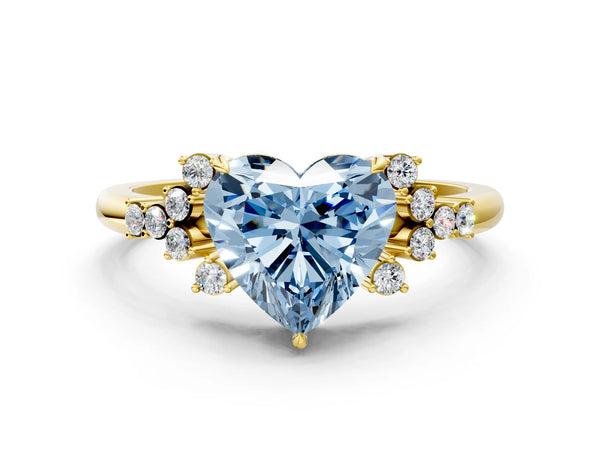 Yellow gold Fancy Blue Heart Cut Diamond Ring with Side Stones and Four-Prong Setting