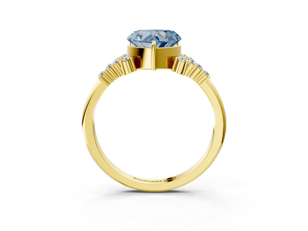 Yellow gold Fancy Blue Heart Cut Diamond Ring with Side Stones and Four-Prong Setting