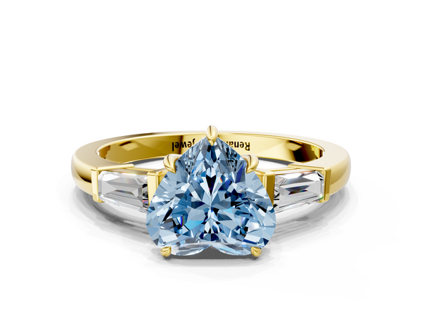 Yellow gold Fancy Blue Heart  Cut Diamond Ring with Tapered Baguette Side Stones in Four-Prong Setting