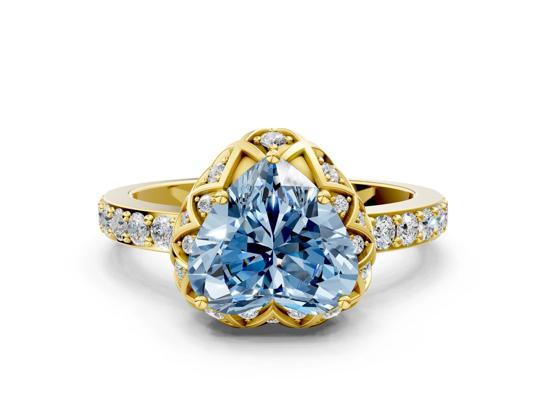 Yellow gold Fancy Blue Heart Cut Diamond Scalloped Halo Engagement Ring with Round Shared Prong Band_12