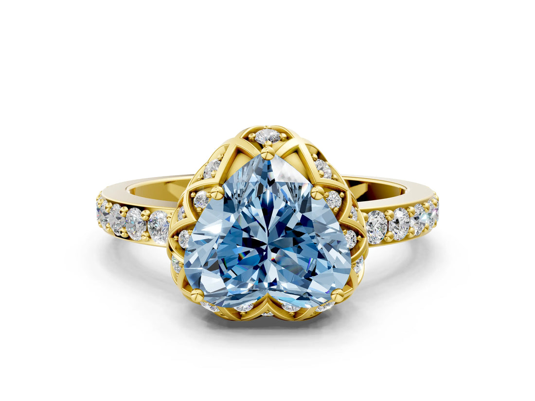 Yellow gold Fancy Blue Heart Cut Diamond Scalloped Halo Engagement Ring with Round Shared Prong Band_24