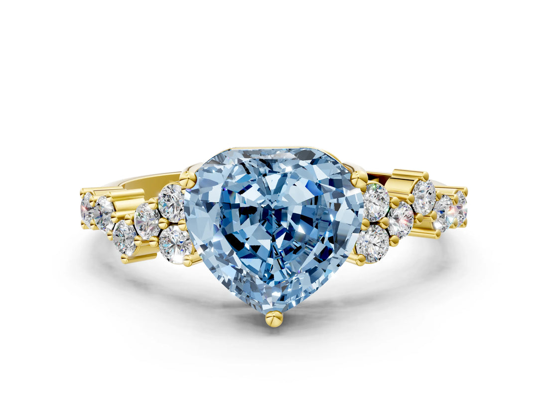 Yellow gold Fancy Blue Heart Cut Diamond Scattered Round Accent Ring with Prong Setting_12