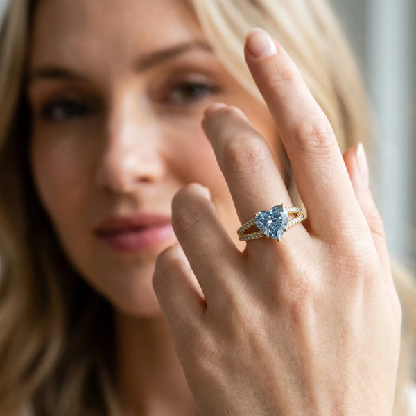 Yellow gold Fancy Blue Heart Cut Diamond Solitaire Engagement Ring with Split Shank Pavé Band