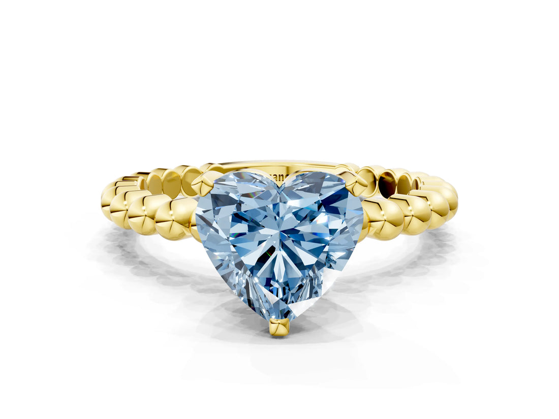 Yellow gold Fancy Blue Heart Cut Diamond Solitaire Ring with Beaded Band and Prong Setting_296