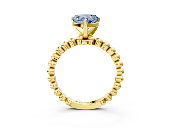 Yellow gold Fancy Blue Heart Cut Diamond Solitaire Ring with Beaded Band and Prong Setting