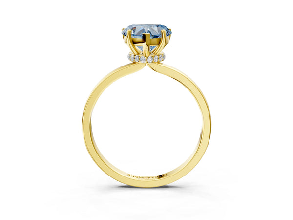 Yellow gold Fancy Blue Heart Cut Diamond Solitaire Ring with Classic Band and Four-Prong Setting