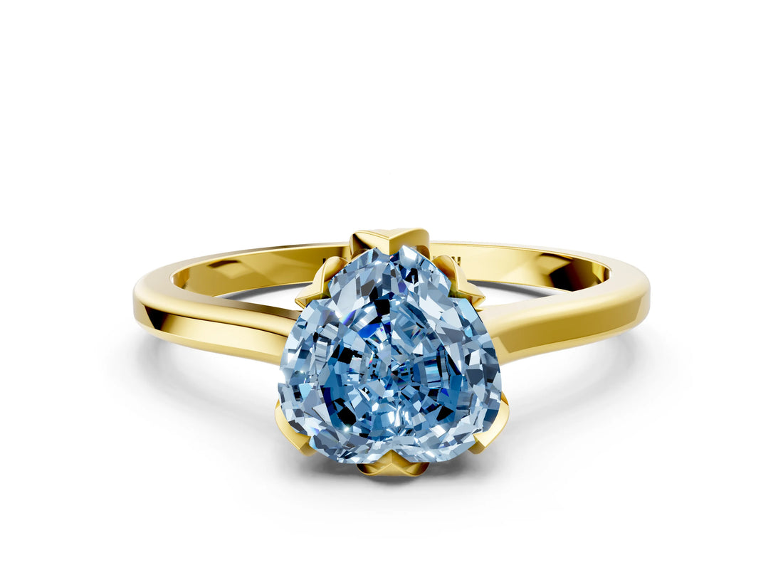 Yellow gold Fancy Blue Heart Cut Diamond Solitaire Ring with Flower Prong Setting and Classic Band_12