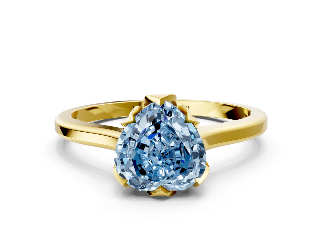 Yellow gold Fancy Blue Heart Cut Diamond Solitaire Ring with Flower Prong Setting and Classic Band_36