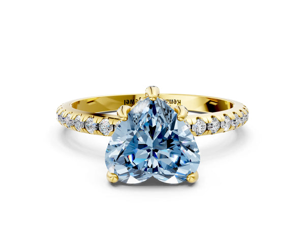 Yellow gold Fancy Blue Heart Cut Diamond Solitaire Ring with Four-Prong Setting and Pavé Band