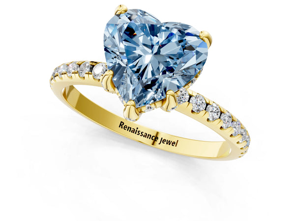 Yellow gold Fancy Blue Heart Cut Diamond Solitaire Ring with Four-Prong Setting and Pavé Band