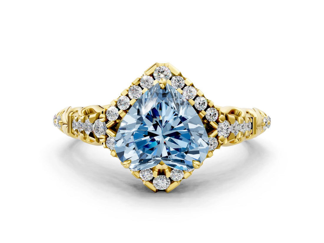 Yellow gold Fancy Blue Heart Cut Diamond Solitaire Ring with Hidden Halo and Pavé Band_27