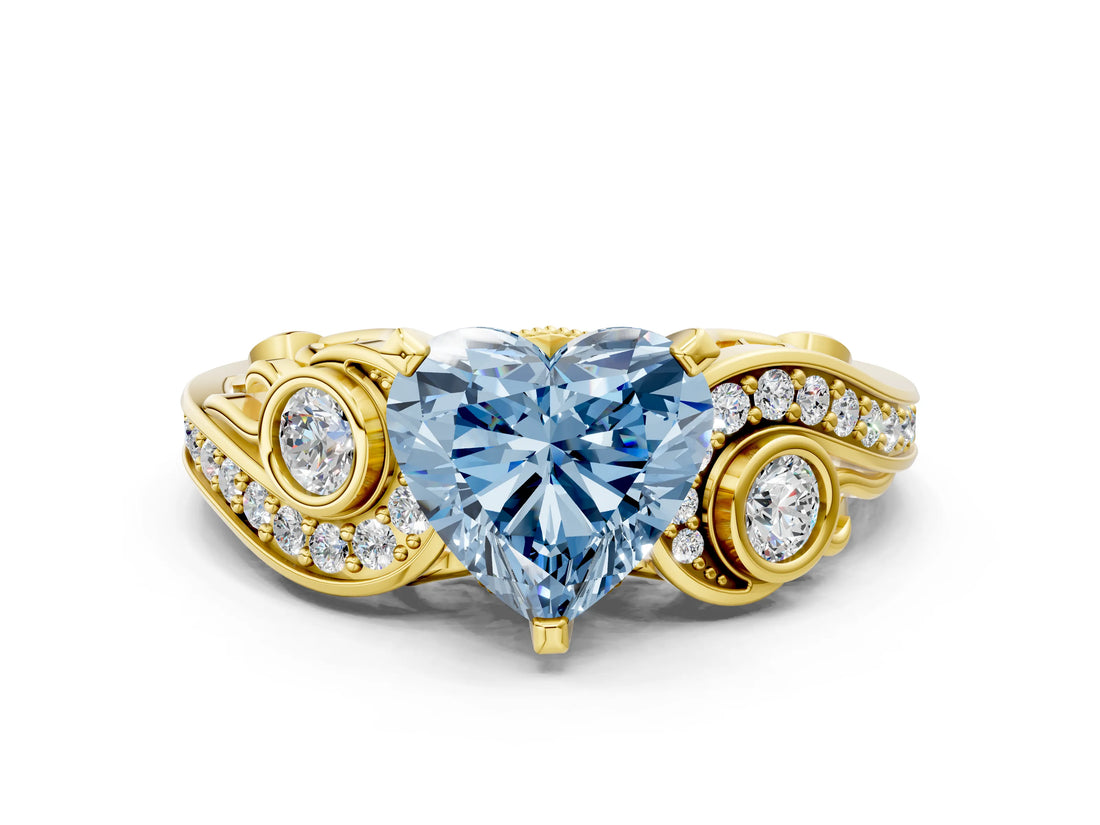 Yellow gold Fancy Blue Heart Cut Diamond Solitaire Ring with Milgrain Pavé Band and Four-Prong Setting_189