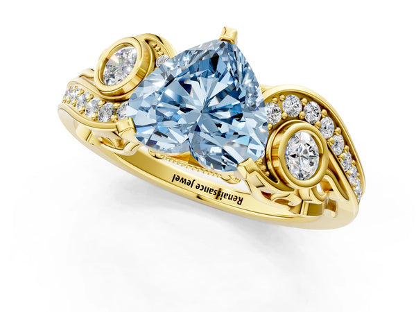 Yellow gold Fancy Blue Heart Cut Diamond Solitaire Ring with Milgrain Pavé Band and Four-Prong Setting