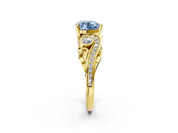 Yellow gold Fancy Blue Heart Cut Diamond Solitaire Ring with Milgrain Pavé Band and Four-Prong Setting