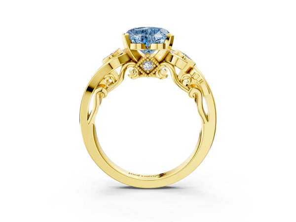 Yellow gold Fancy Blue Heart Cut Diamond Solitaire Ring with Milgrain Pavé Band and Four-Prong Setting