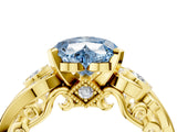 Yellow gold Fancy Blue Heart Cut Diamond Solitaire Ring with Milgrain Pavé Band and Four-Prong Setting_193