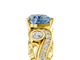 Yellow gold Fancy Blue Heart Cut Diamond Solitaire Ring with Milgrain Pavé Band and Four-Prong Setting_194