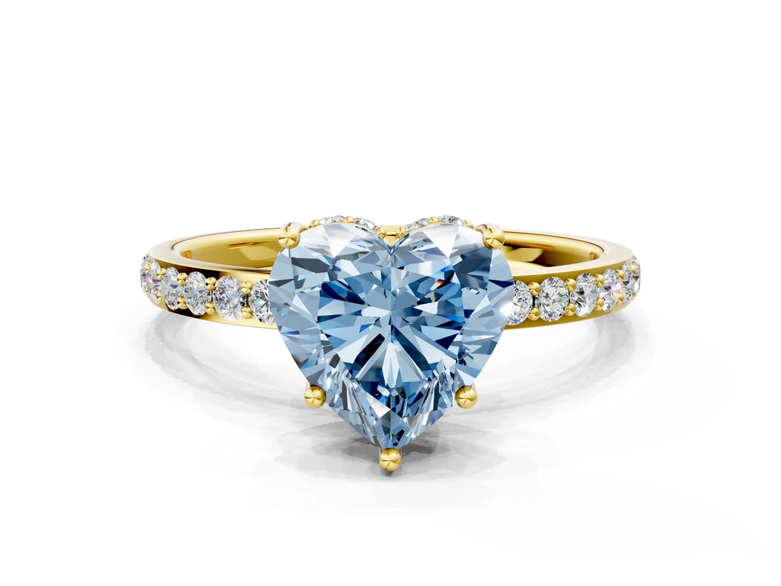 Yellow gold Fancy Blue Heart Cut Diamond Solitaire Ring with Pavé Band and Hidden Halo_68